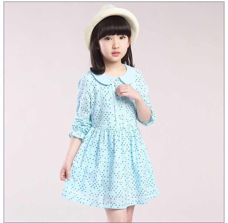 Vestido acampanado de lunares para niñas de manga larga con cremallera trasera y cuello redondo de diseño personalizado