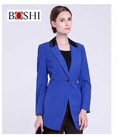 Blazer largo con cuello en V y manga larga con un solo botón azul para mujer elegante de diseño personalizado