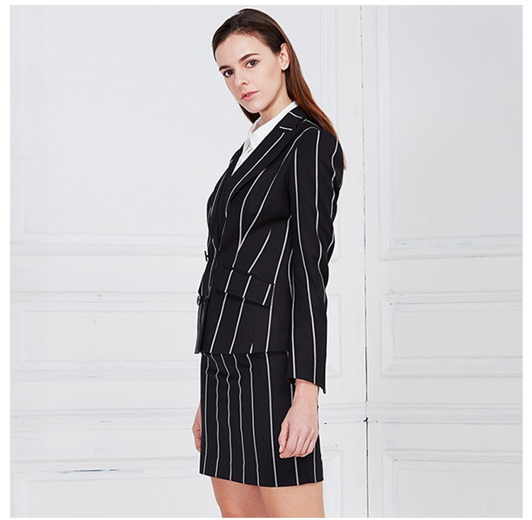 Conjunto de traje negro a rayas blancas de un solo pecho de manga larga con cuello en V de negocios para mujer de diseño personalizado