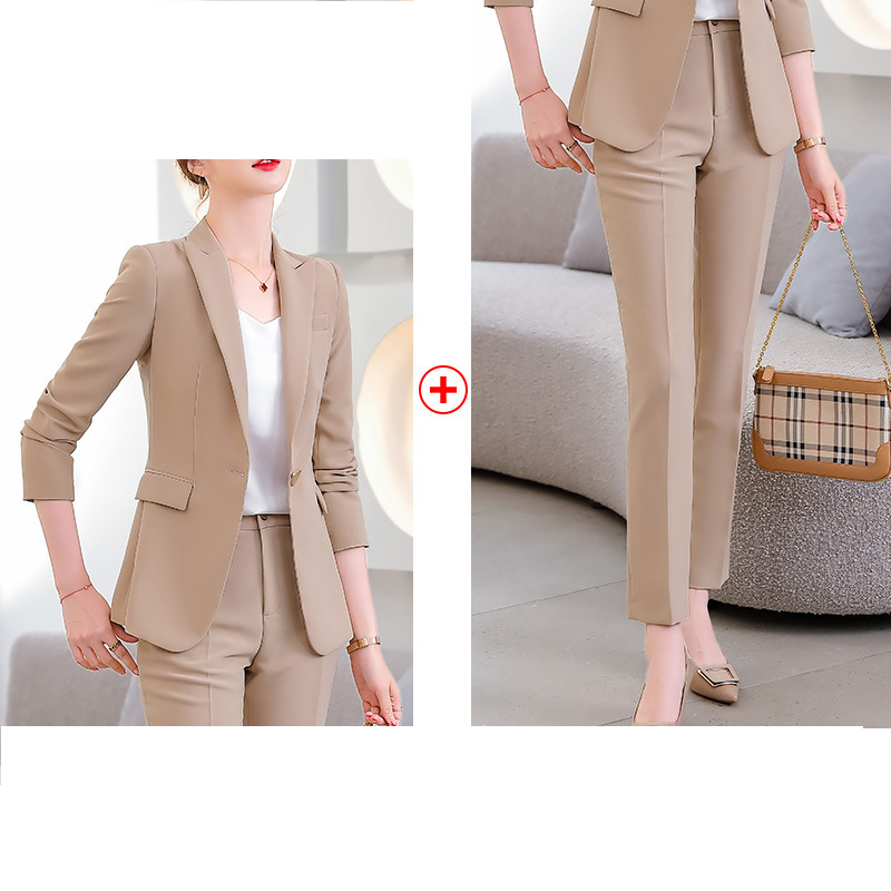 Traje y pantalones con cuello en V de un solo botón con dobladillo redondo para mujer de oficina de color sólido de diseño personalizado