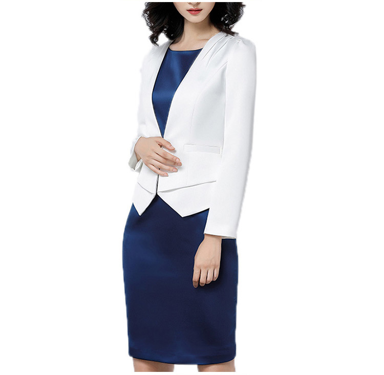 Blazer blanco de manga larga con un solo botón de oficina para mujer y falda delgada azul oscuro sin mangas