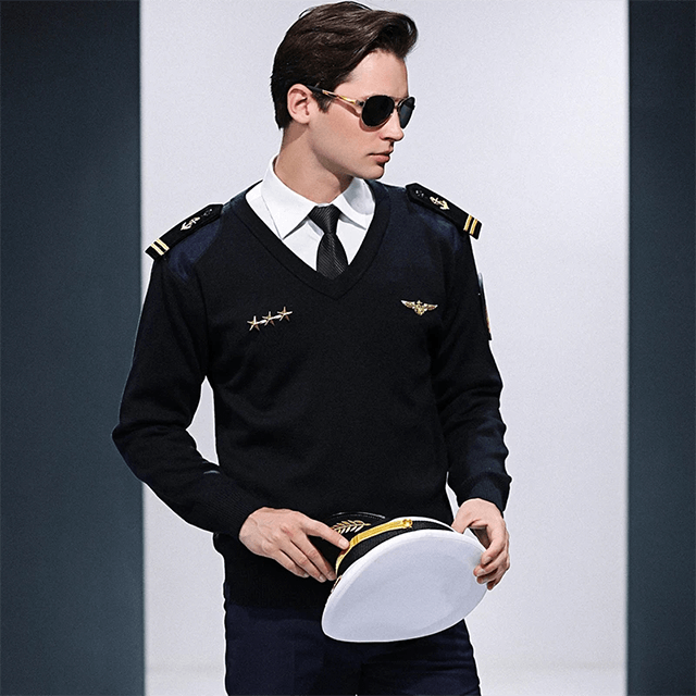 Suéter de uniforme de piloto, traje de vuelo, suéter de lana de imitación de invierno, chaleco de lana con cuello en V de capitán, uniforme de aviación