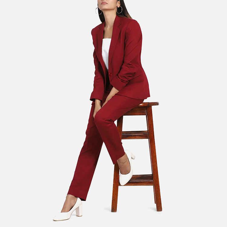 Traje y pantalones con cuello en V de un solo botón de negocios para mujer de color rojo sólido de estilo Simple de diseño personalizado
