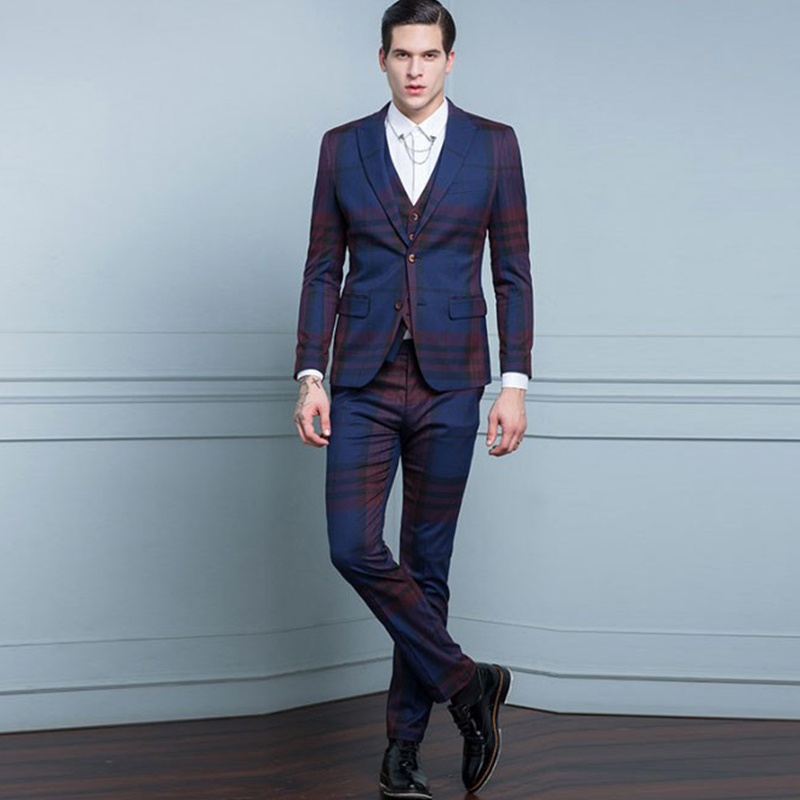 Traje de chaqueta con cuello en V de un solo pecho a cuadros azul rojo para hombre a la moda OEM con diseño personalizado