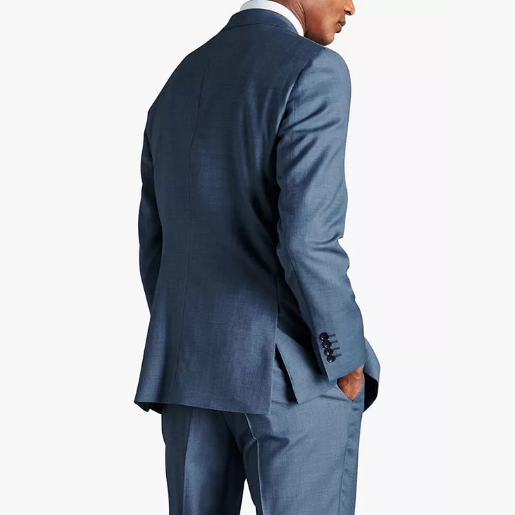 Traje tejido con cuello en V de un solo pecho informal de oficina para hombres jóvenes azul acero de moda de diseño personalizado