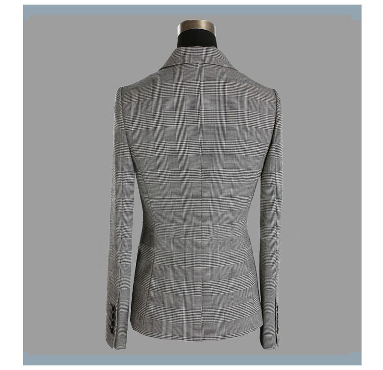 Traje a cuadros con cuello en V y un solo botón de manga larga para mujer gris oscuro con bolsillo