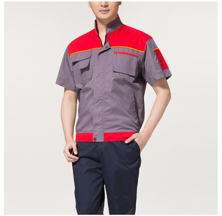 Conjunto de uniforme de trabajo de manga corta con cremallera y combinación de colores útiles de verano de fábrica con cuatro bolsillos