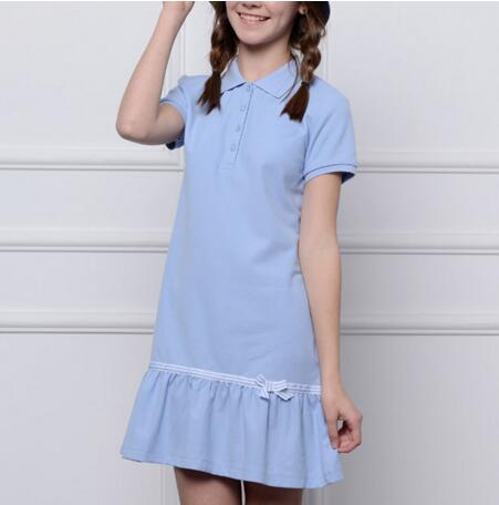 Moda Color sólido Vestidos de manga corta Diseños de uniformes de escuela primaria Uniformes escolares Vestido