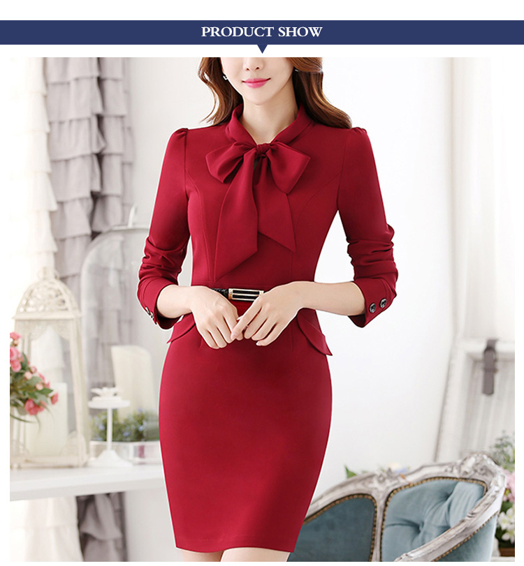 Diseño personalizado Elegant Lady Red Office Bow Vestido túnica de manga larga con cinturón
