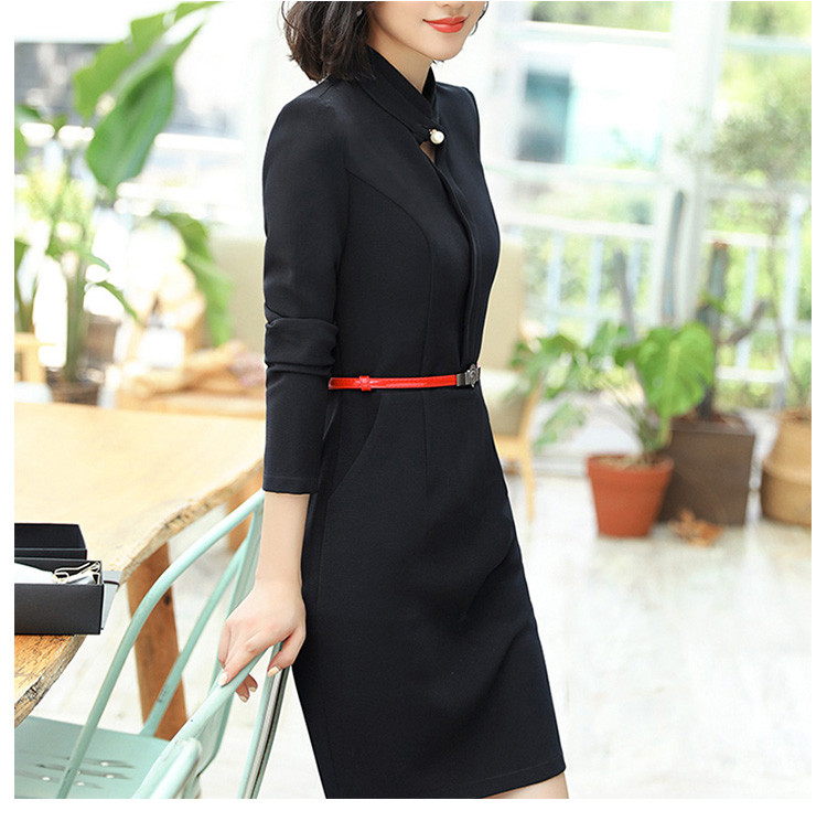 Vestido de oficina de señora de color sólido de manga larga de diseño único y elegante personalizado con cinturón