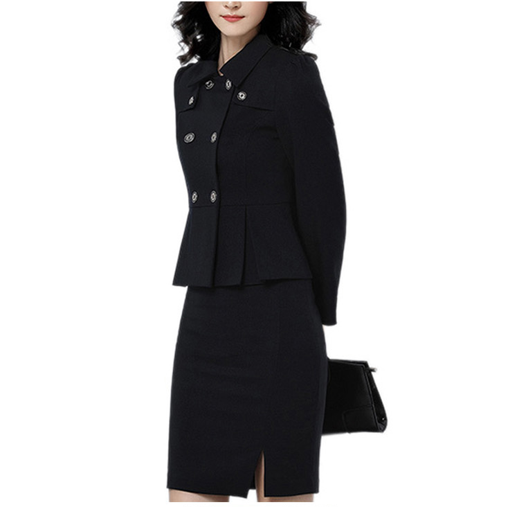Diseño de dobladillo único, color negro sólido, chaqueta de doble botonadura para mujer y falda con abertura de un solo lado