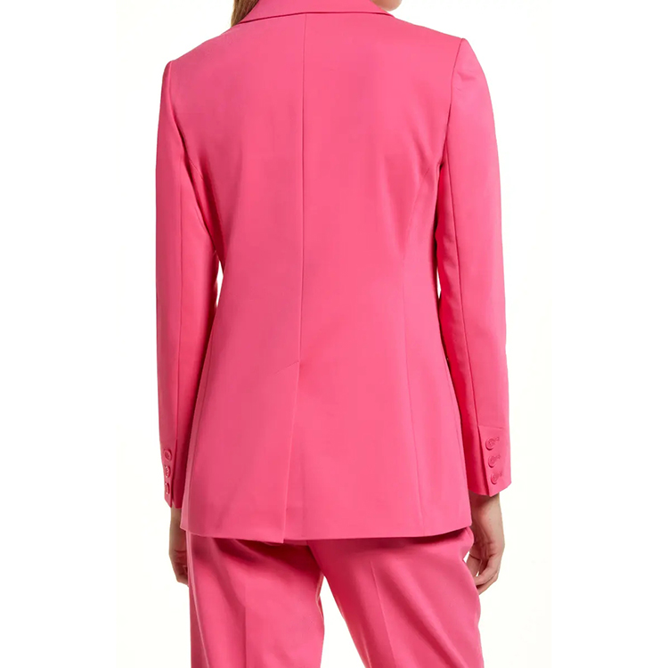 Traje con cuello en V de un solo botón de manga larga para mujer de color rosa sólido con bolsillo