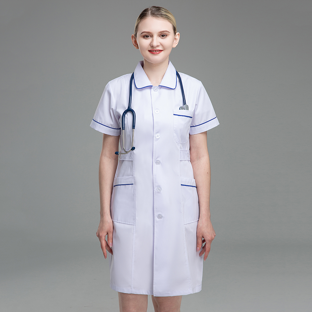Uniformes de enfermería, bata blanca de hospital, uniforme de laboratorio de manga corta antiarrugas con cuello levantado para mujer