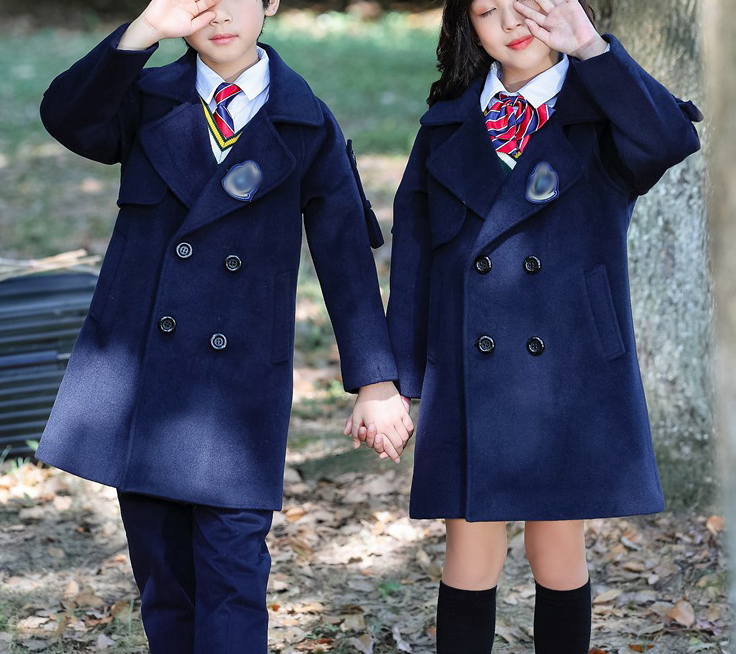 Abrigo de invierno de estilo británico con doble botonadura para niños, diseños de uniformes escolares para la escuela primaria