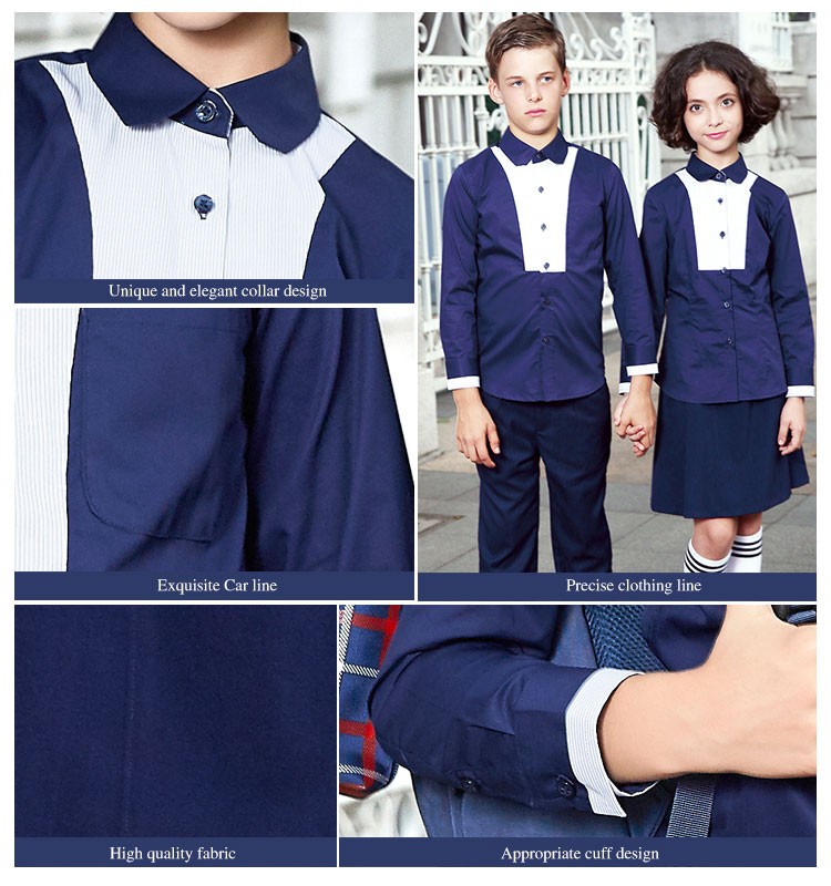 El OEM diseña la nueva camisa del uniforme escolar del azul marino del algodón del Style100% para la muchacha y el muchacho