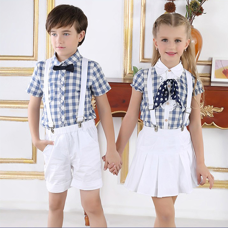 Diseños de conjuntos de uniformes escolares de manga corta para niños y niñas de jardín de infantes de verano