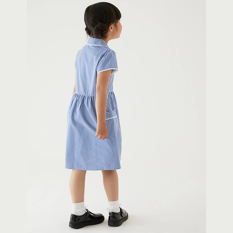 Diseño personalizado, uniforme escolar asiático de verano, vestido azul a cuadros de manga corta para niña pequeña con bolsillo