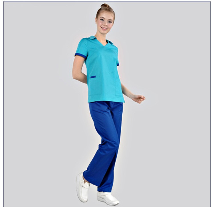 Uniforme de hospital con cuello en V de manga corta con diseños de traje de enfermera de moda verde azulado
