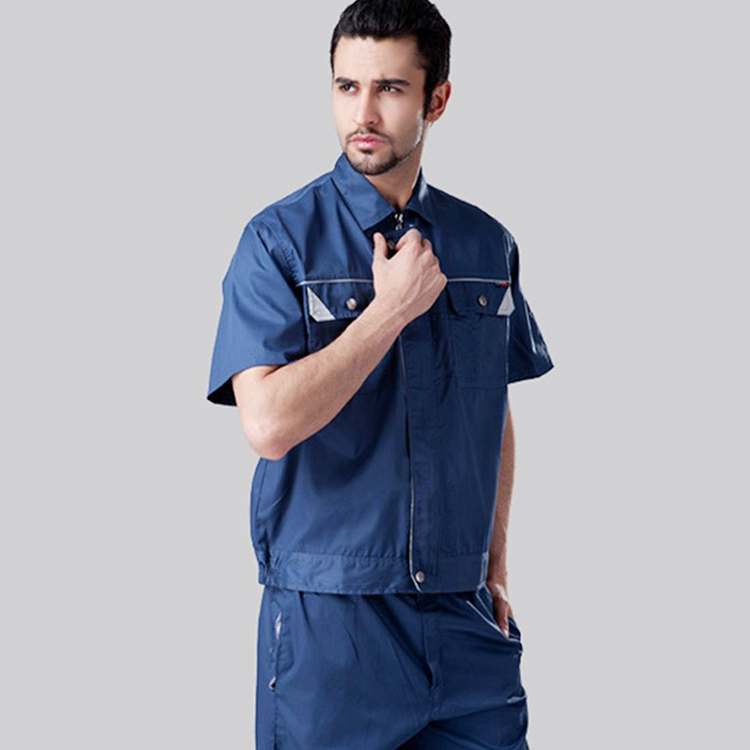 Conjunto de uniforme frontal con cremallera de manga corta para trabajador de fábrica al por mayor de diseño personalizado con bolsillo