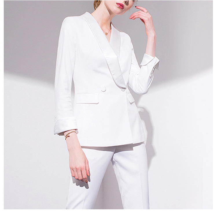 Conjunto de traje de chaqueta de un solo pecho de manga larga de oficina para mujer de Color blanco sólido de estilo Simple de diseño personalizado con bolsillo