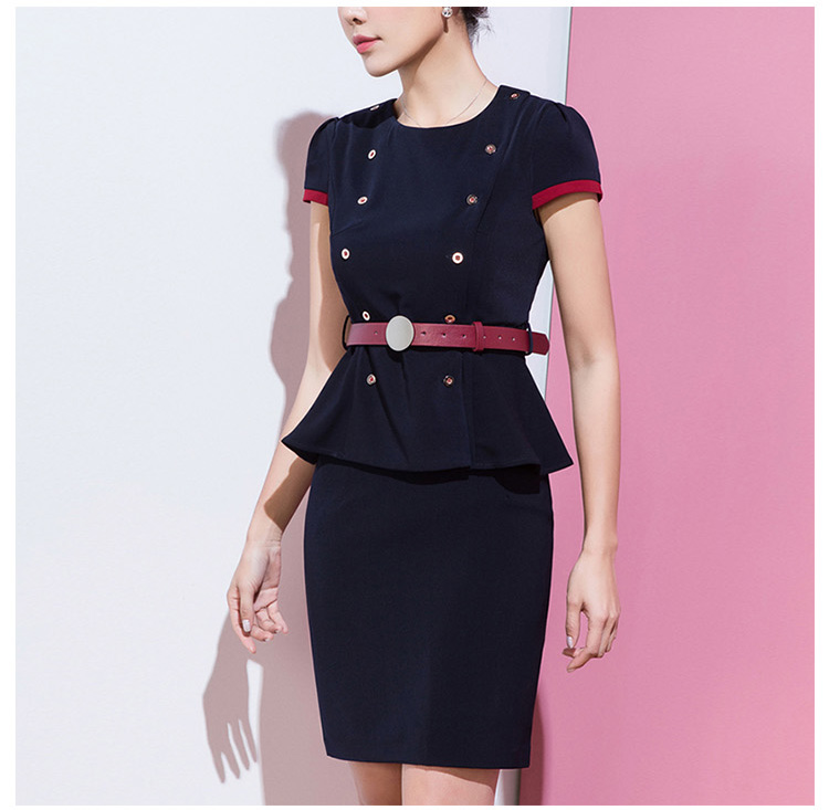Diseño personalizado Lady Office Cuello redondo Manga corta Cinturón de doble botonadura Tops y falda