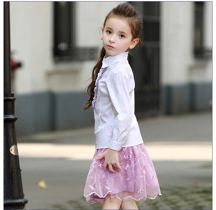 Diseño personalizado 2 piezas estilo princesa niñas encaje manga larga camisa blanca y falda de gasa