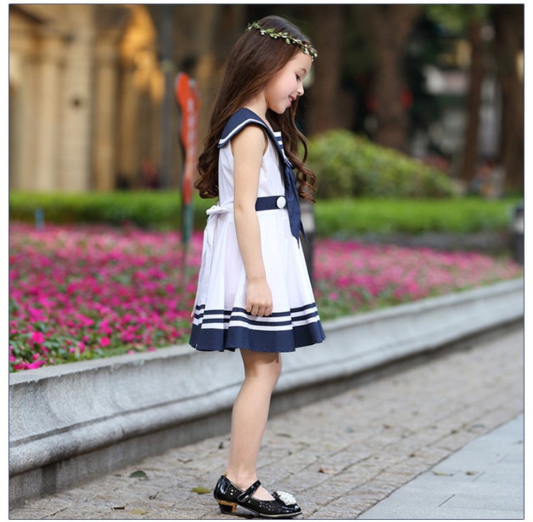 Vestido de niñas pequeñas sin mangas con combinación de colores en la espalda con cremallera blanca azul con diseño de cuello único