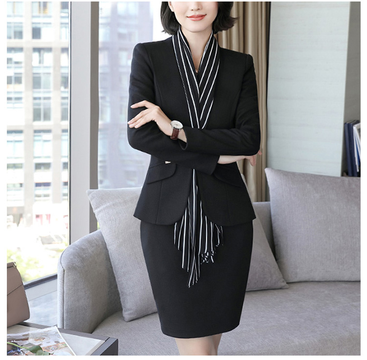 Diseño personalizado Color negro sólido Mujer Oficina Dobladillo redondo Manga larga Un solo botón Blazer y falda a medida