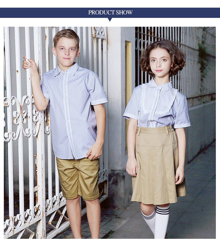  Verano otoño ropa de escuela primaria de manga corta 100% algodón patrón de rayas camisa de uniforme escolar 
