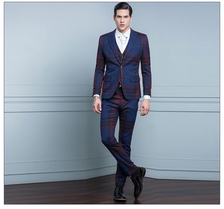 Traje de tela escocesa roja azul oscuro de un solo pecho con cuello en V tejido a la moda para hombre de diseño personalizado
