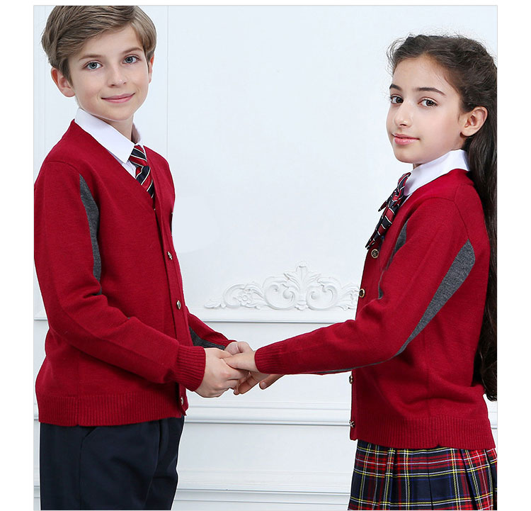Chaleco rojo de manga larga para niños, uniformes escolares cómodos personalizados, suéteres tipo cárdigan