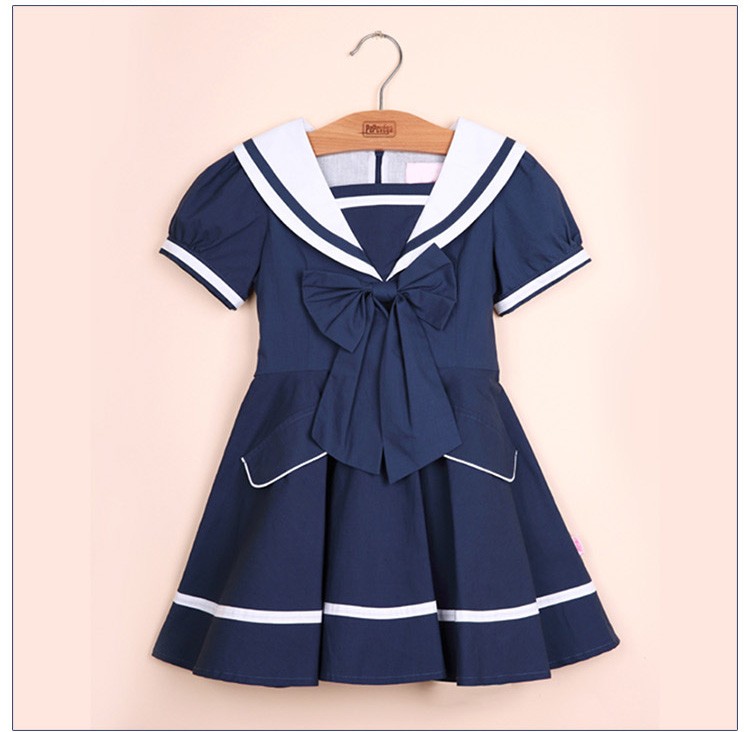 Vestidos azul marino de manga corta para niñas pequeñas de verano con diseño de cuello único y elegante