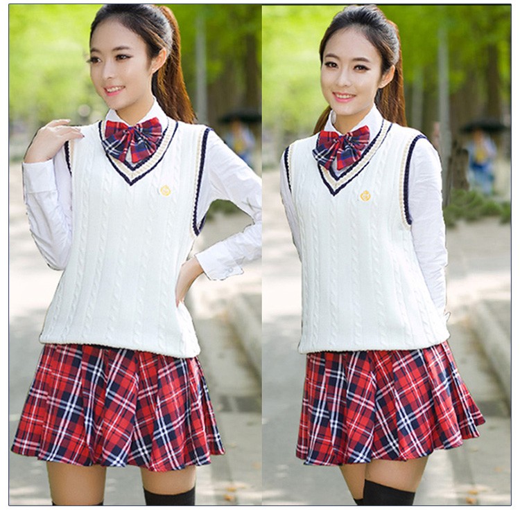 Otoño escuela niñas uniforme suéter chaleco traje y falda a cuadros