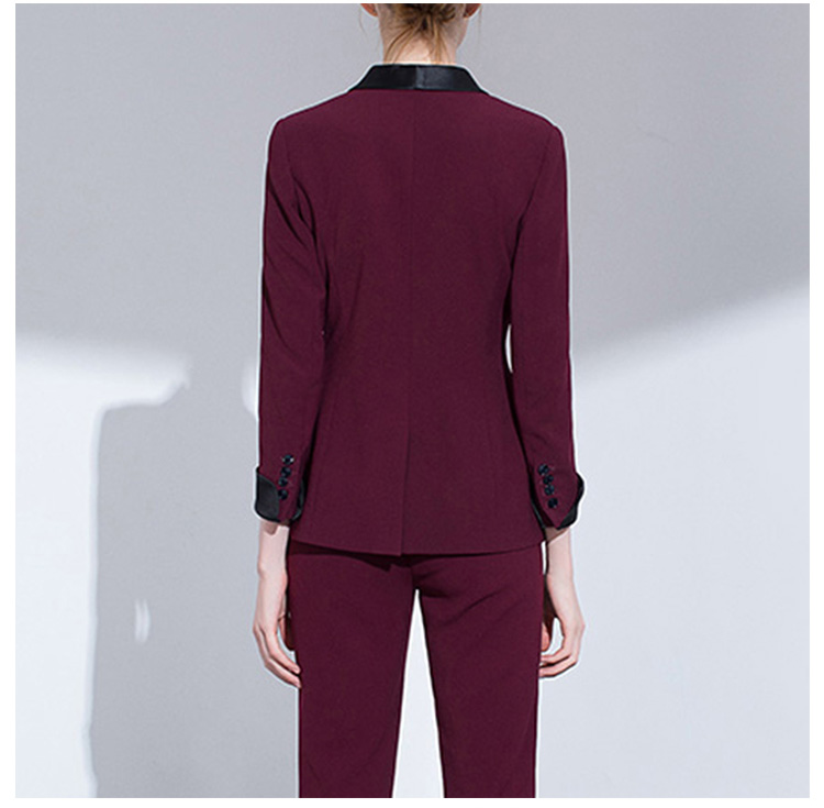 Traje de chaqueta rojo de manga larga de un solo pecho de oficina para mujer con cuello en V negro de diseño personalizado con bolsillo