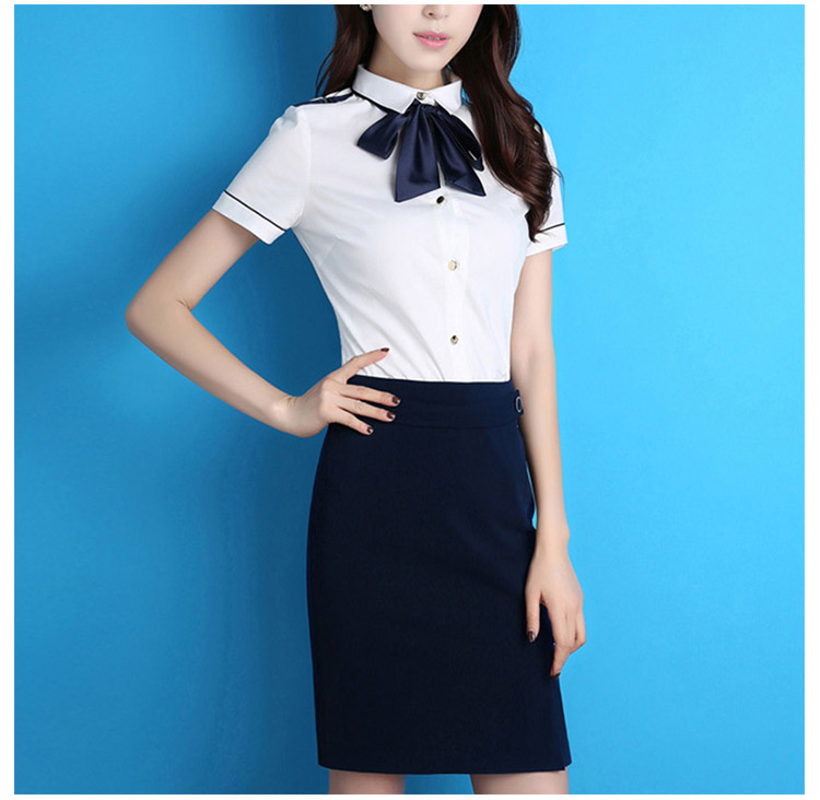 Camisa blanca de un solo pecho de manga corta para dama de oficina de diseño personalizado y falda azul oscuro