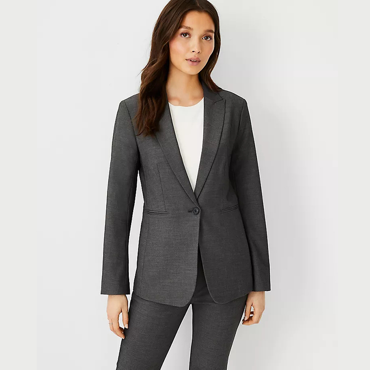 Traje de negocios de mujer gris con cuello en V oscuro de un solo botón con dobladillo redondo de diseño personalizado